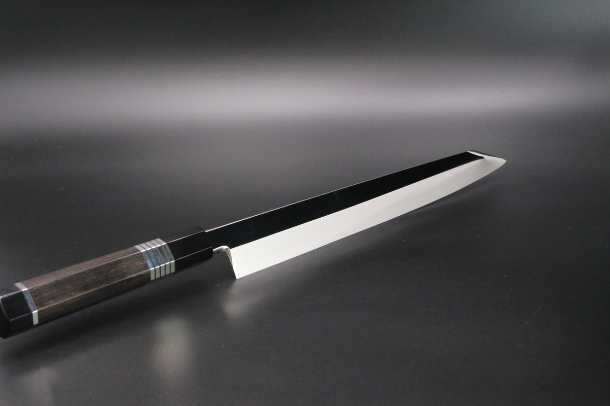 切付柳刃 銀三 330mm 鍛造 表鏡面仕上げ 黒檀柄 鞘付き-歌舞伎ナイフ