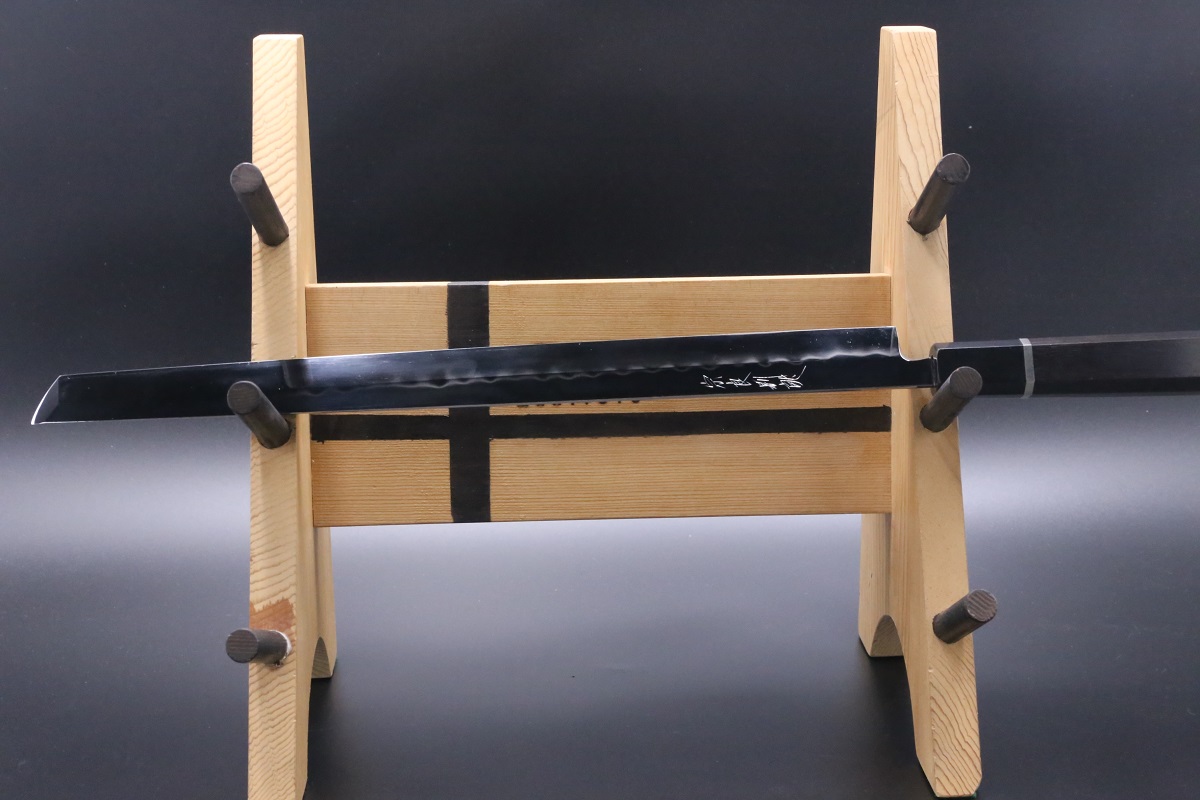 先丸蛸引 白一鋼 330mm 水本焼 全鏡面 波浮かし刃文 池田辰男氏作-歌舞