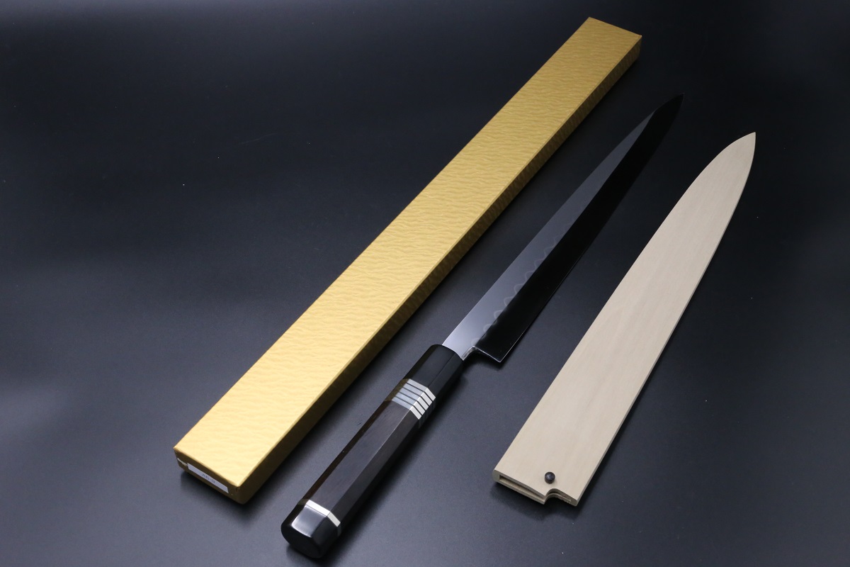 柳刃 白ニ鋼 330mm 水本焼 鏡面 波浮かし刃文 池田美和作（堺北辰