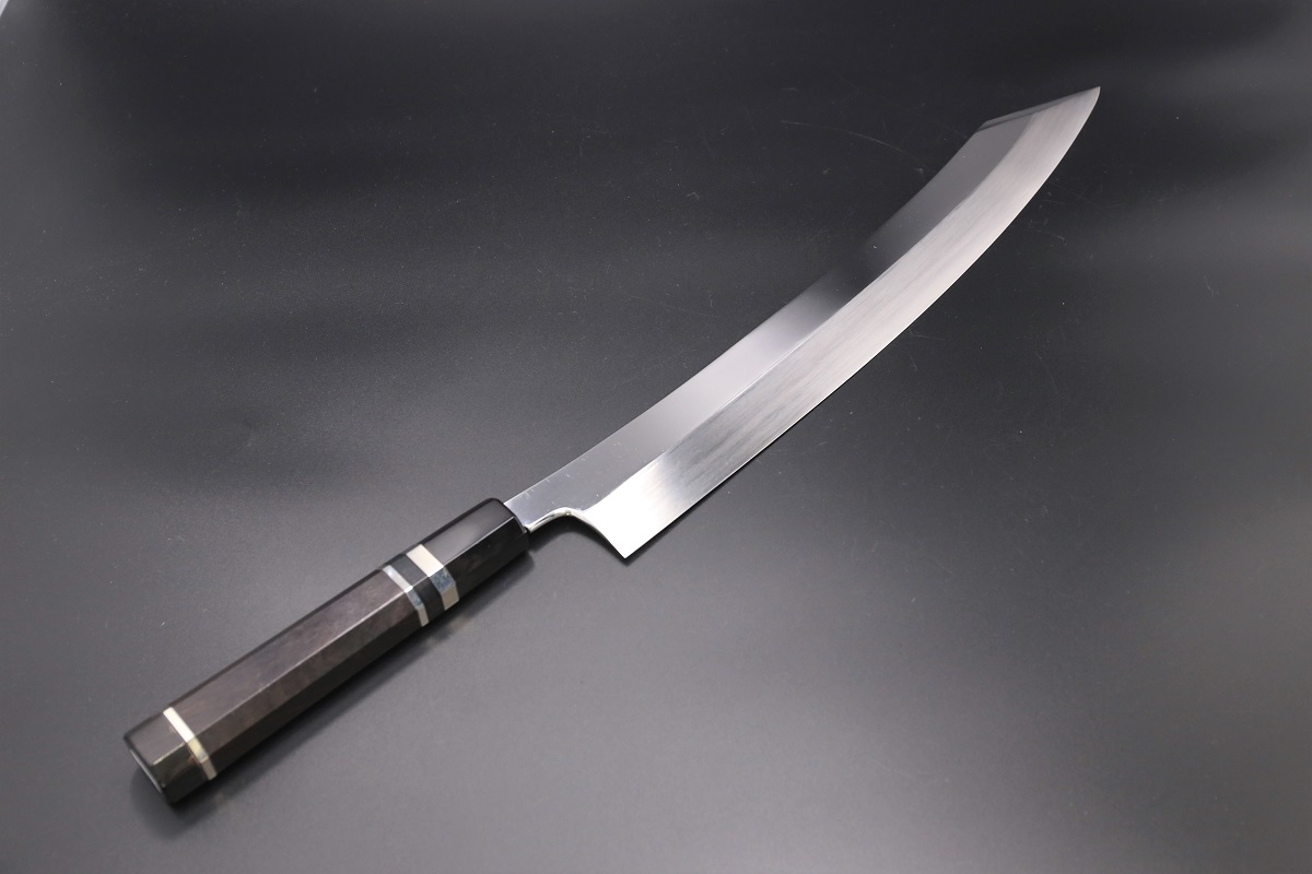 特注 切付柳刃 V金10号 390mm 全鋼本焼 平鏡面 巾広52mm 鬼反り 黒檀柄