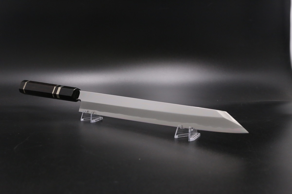 切付柳刃 青一鋼 300mm 本霞仕上 平鏡面 紋鍛 黒檀柄 鞘付き 中川悟志