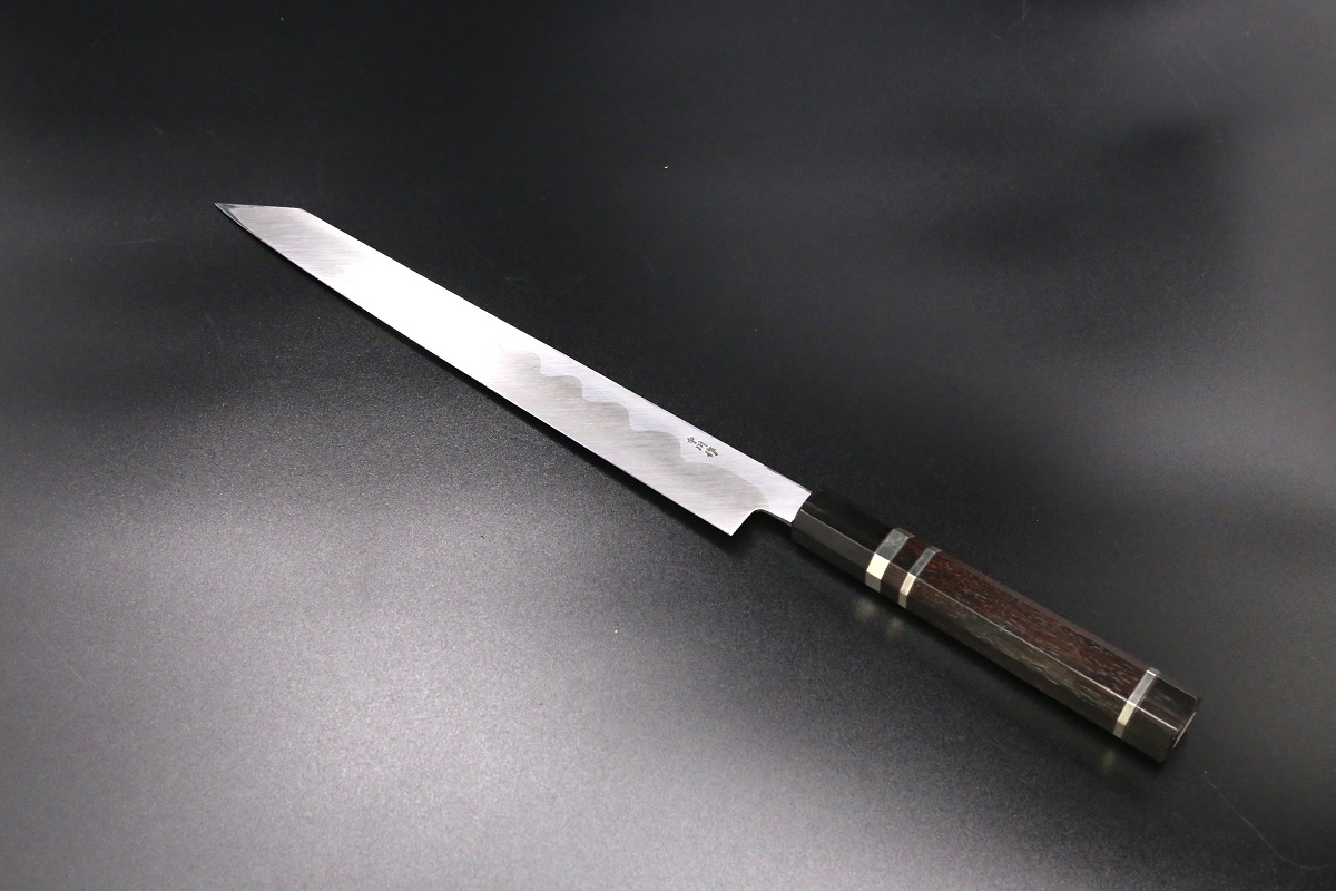 切付柳刃 青一鋼 300mm 本霞仕上 平鏡面 紋鍛 黒檀柄 鞘付き 中川悟志