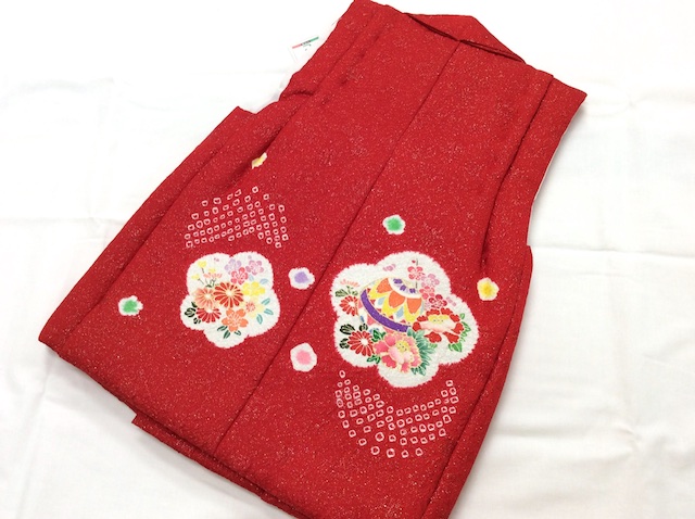 しゃれっこ】三歳正絹被布コート 七五三 お祝着 日本製 赤 ラメ 絞り