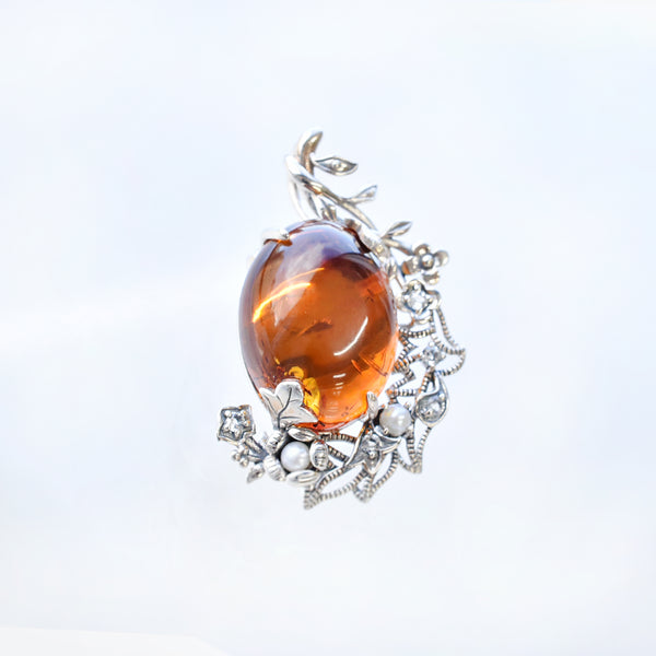 琥珀(こはく)/ホワイトトパーズ シルバーブローチ兼ペンダントトップ