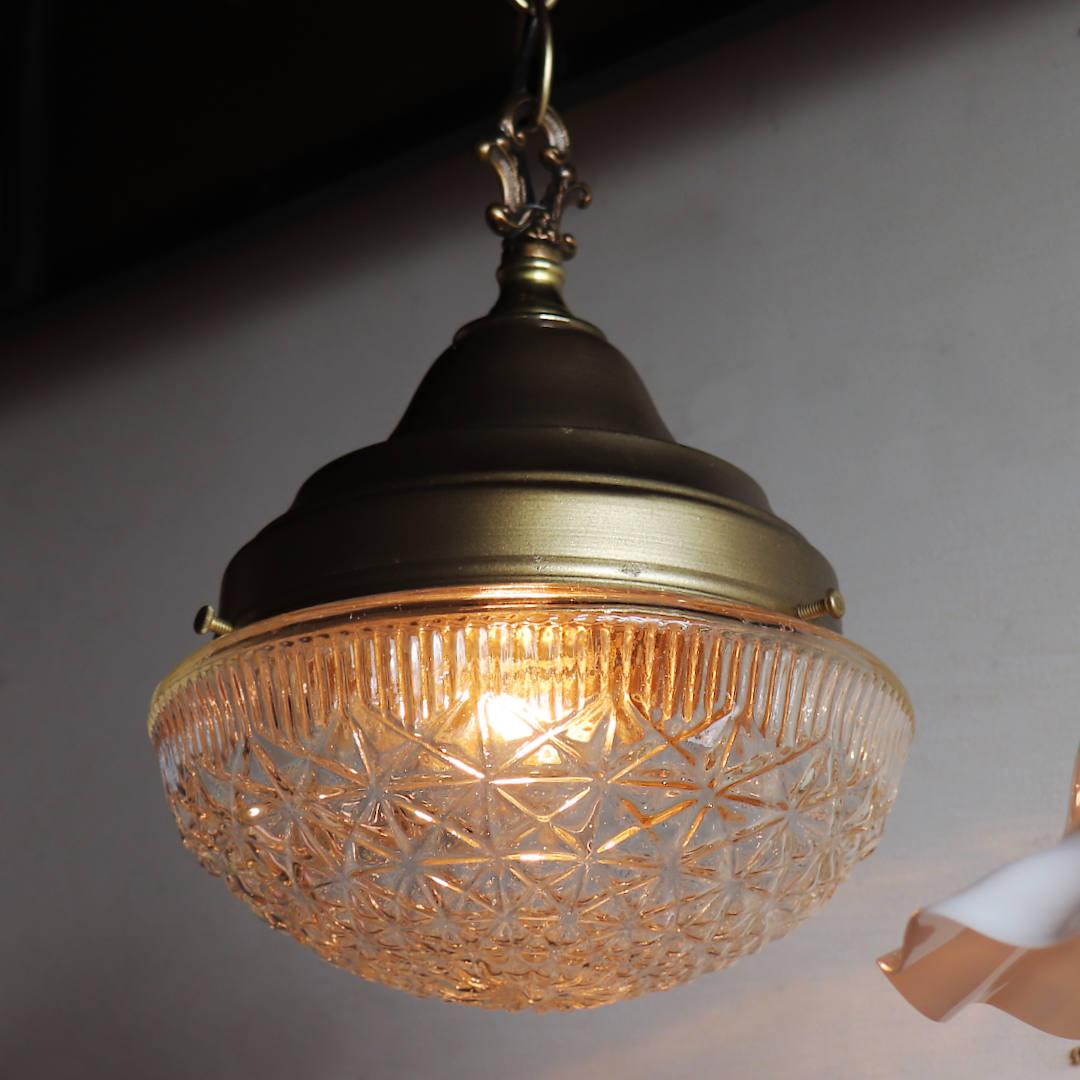 USAヴィンテージラウンドガラスシェードペンダントライト幾何学模様