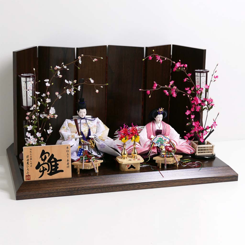 金彩白桜本着付雛人形茶塗り六曲屏風紅白梅親王飾りの通販～選ばれるお