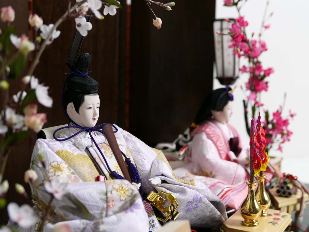 金彩白桜本着付雛人形茶塗り六曲屏風紅白梅親王飾りの通販～選ばれるお