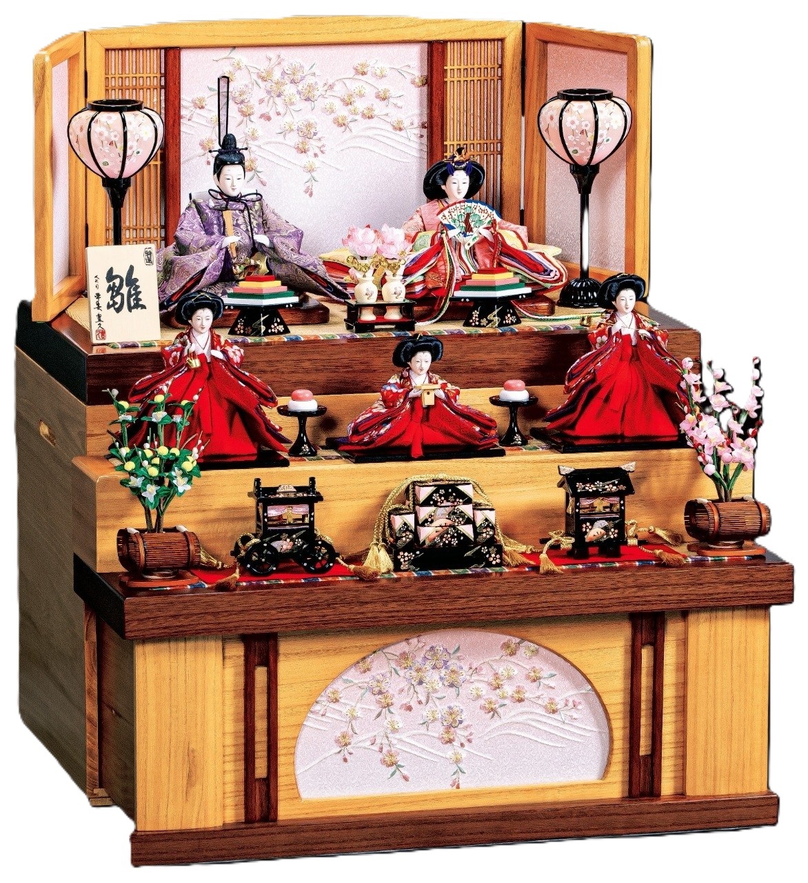 雛人形 三段五人飾りセット【P84101】 黄金色の屏風に存在感のあるの華