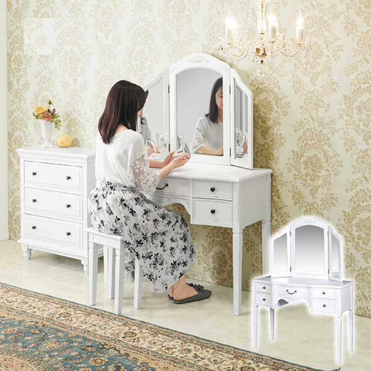 DR-1013 アンティーク塗装ホワイトドレッサー｜幅100cm天然木