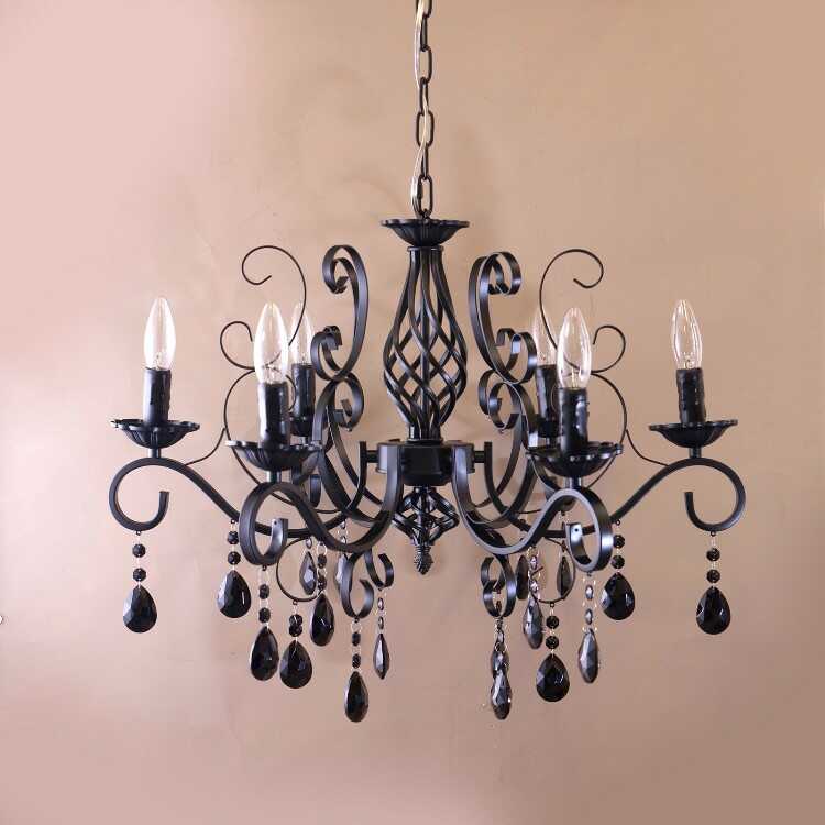 LT-4856 黒ブラックのアイアン6灯シャンデリア｜クリスタル使用
