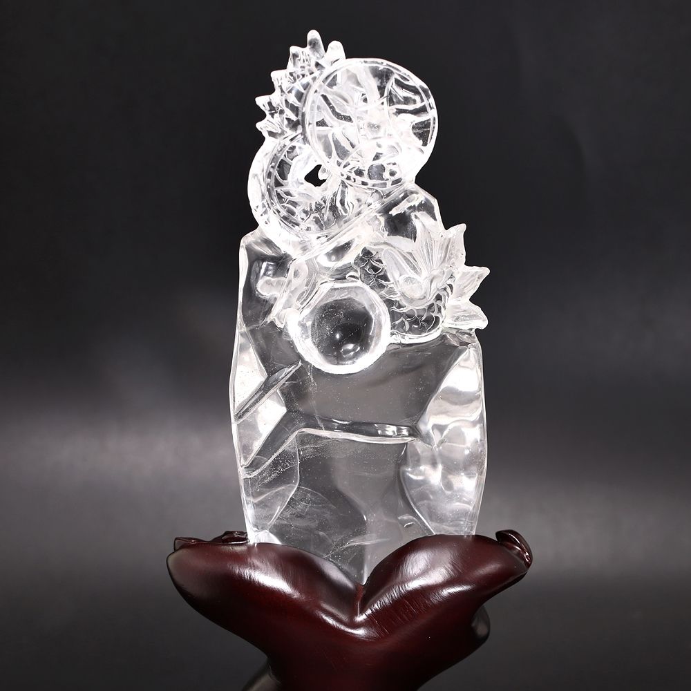 天然水晶(辰)龍彫刻（全高265mm・専用木製台座・専用ケース付属