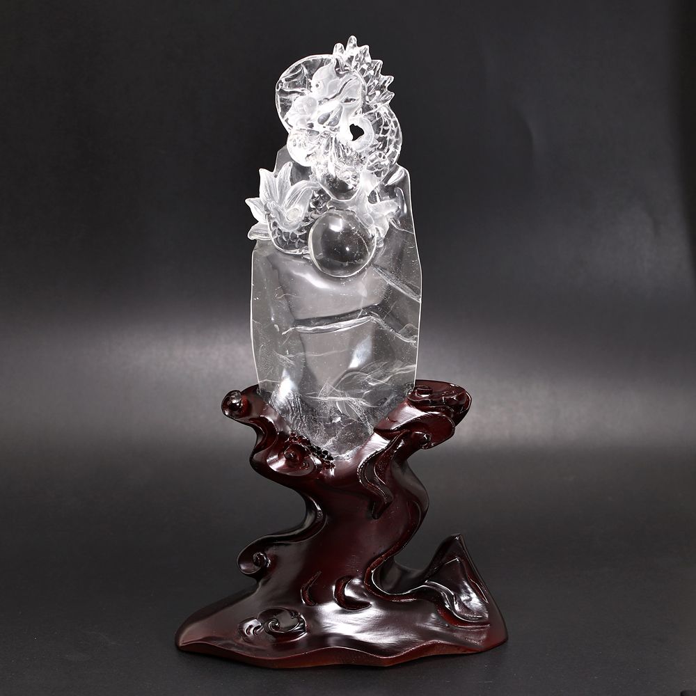 天然水晶(辰)龍彫刻（全高265mm・専用木製台座・専用ケース付属