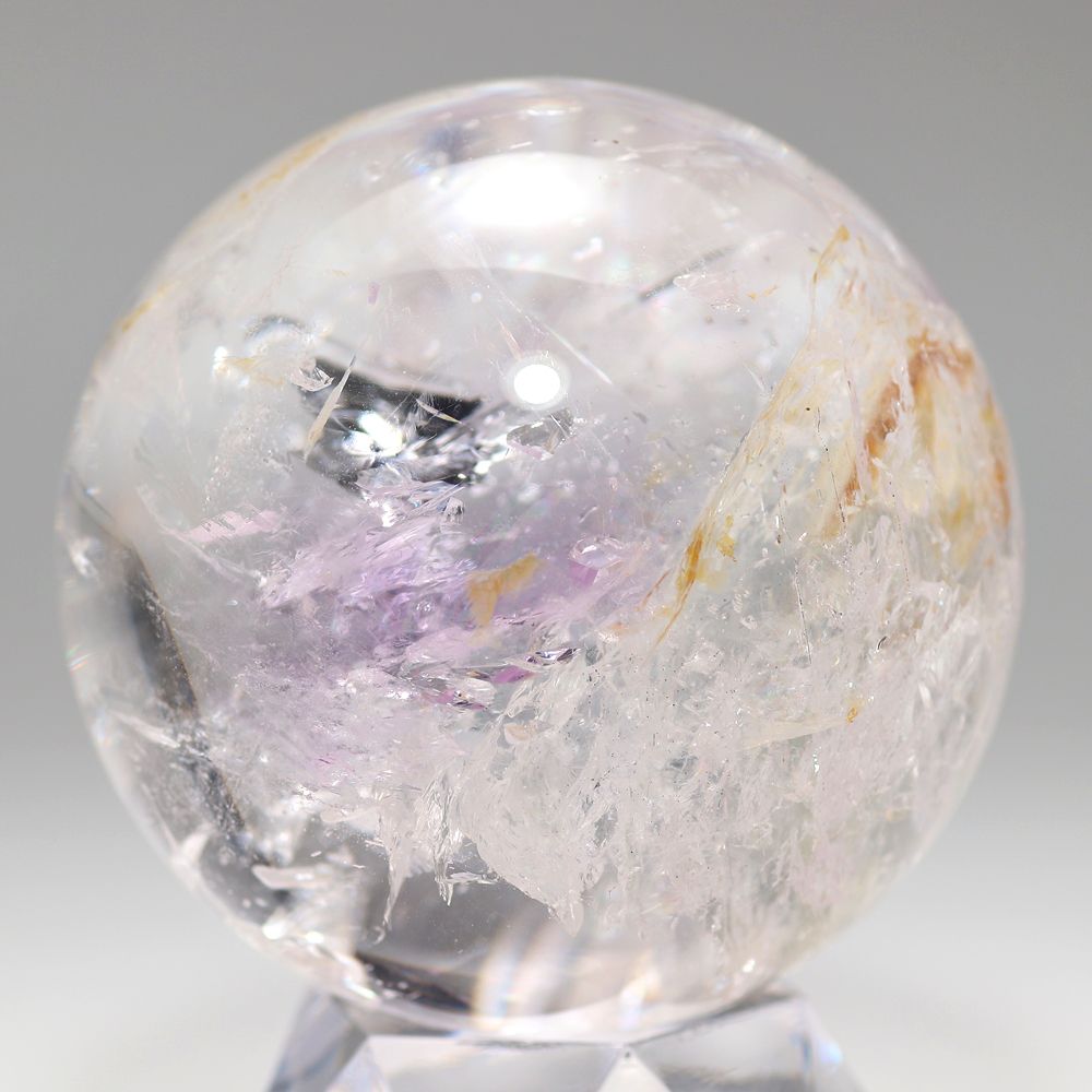 希少！]ブラジル産水入り水晶丸玉/リモナイト内包アメジスト共生