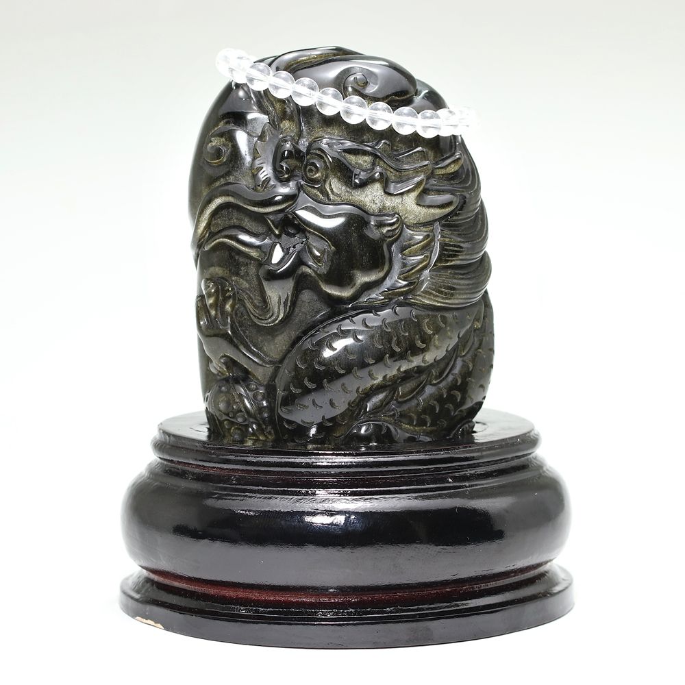 高品質]メキシコ産ゴールデンオブシディアン黒曜石/(辰)龍彫刻（全高約