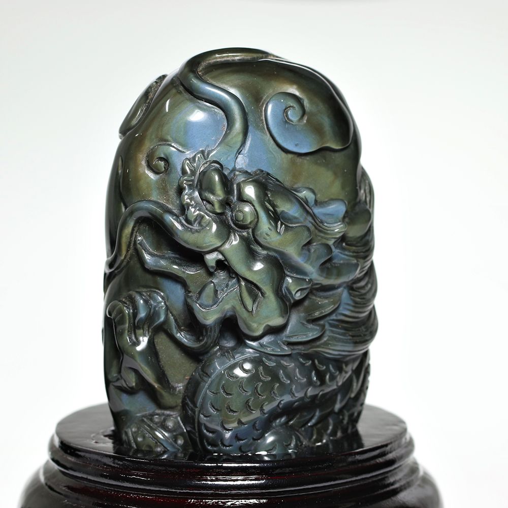 高品質]メキシコ産レインボーオブシディアン黒曜石/(辰)龍彫刻（全高約