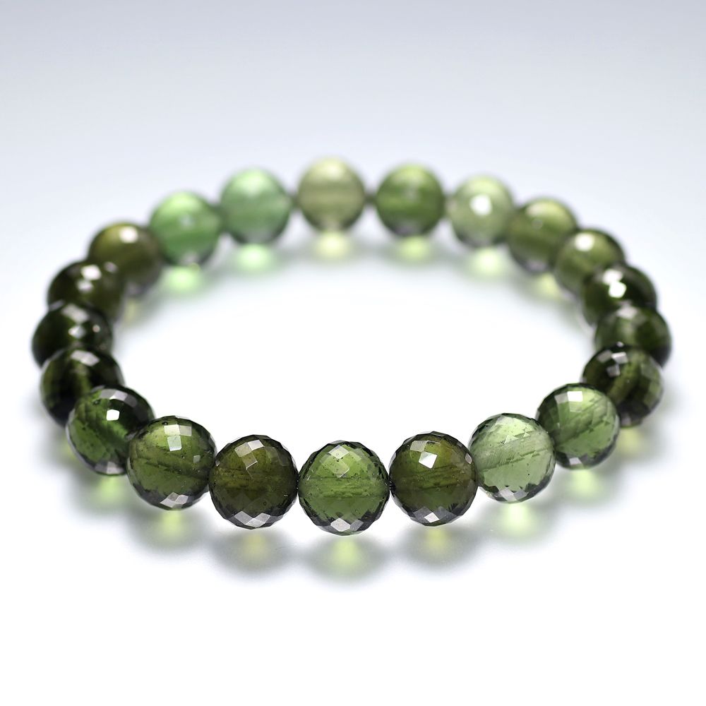 高品質]天然モルダバイトブレスレット/ラウンドカットビーズ（約9.2