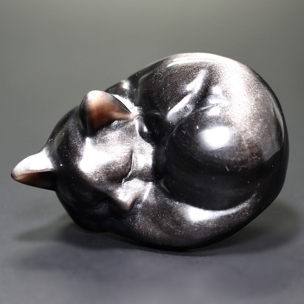 高品質]眠り猫シルバーオブシディアン （黒曜石彫刻） - 埼玉県吉川市