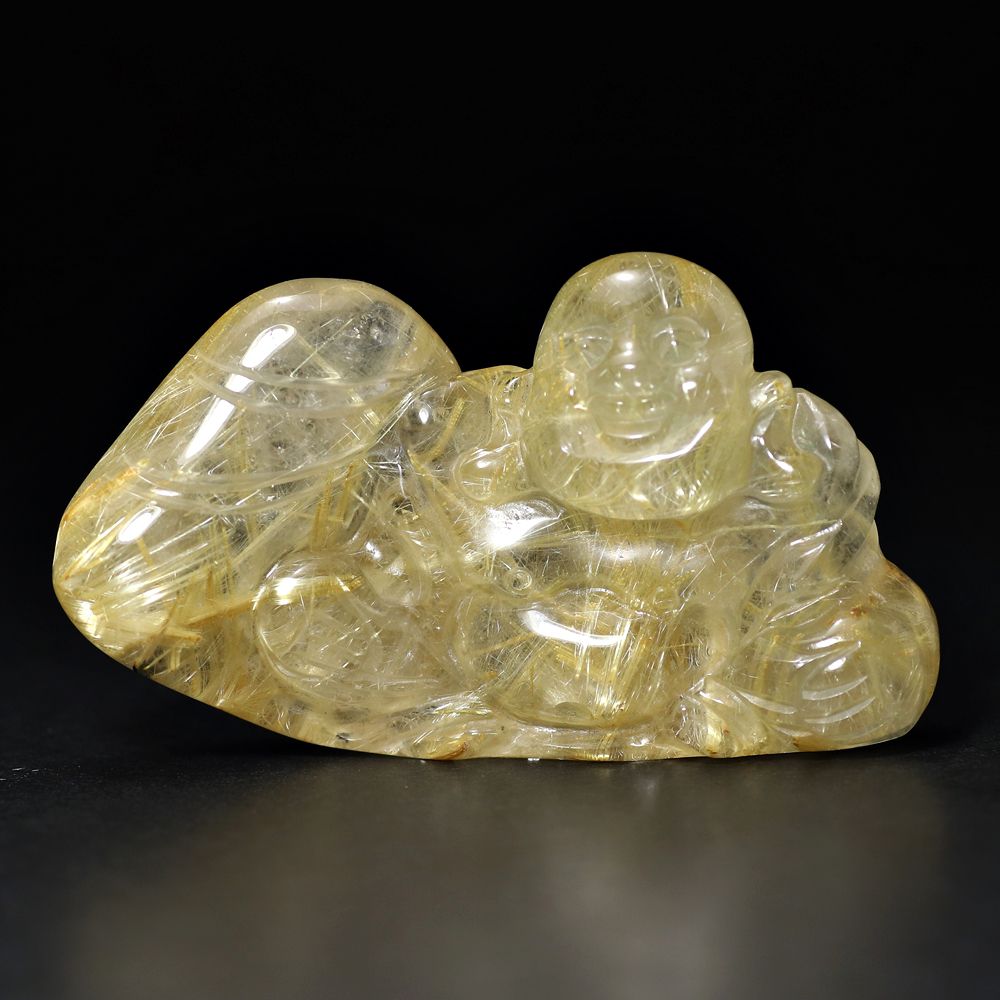 ブラジル産]ゴールドルチルクォーツ彫刻/布袋様（専用木製台座付