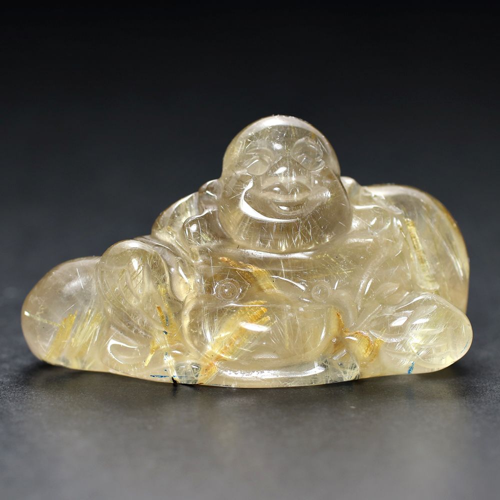 ブラジル産]ゴールドルチルクォーツ彫刻/布袋様（専用木製台座付