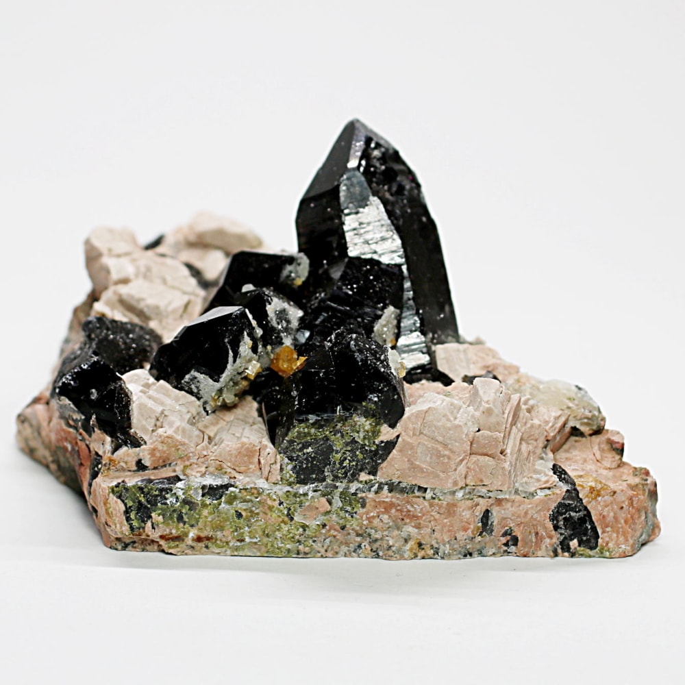 希少・山東省産]天然モリオン原石クラスター（黒水晶/エピドート