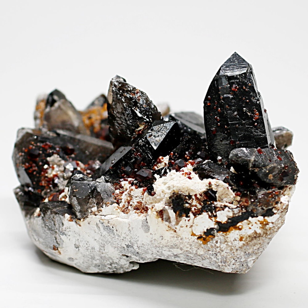 希少・山東省産]天然モリオン原石クラスター（黒水晶/ガーネット共生