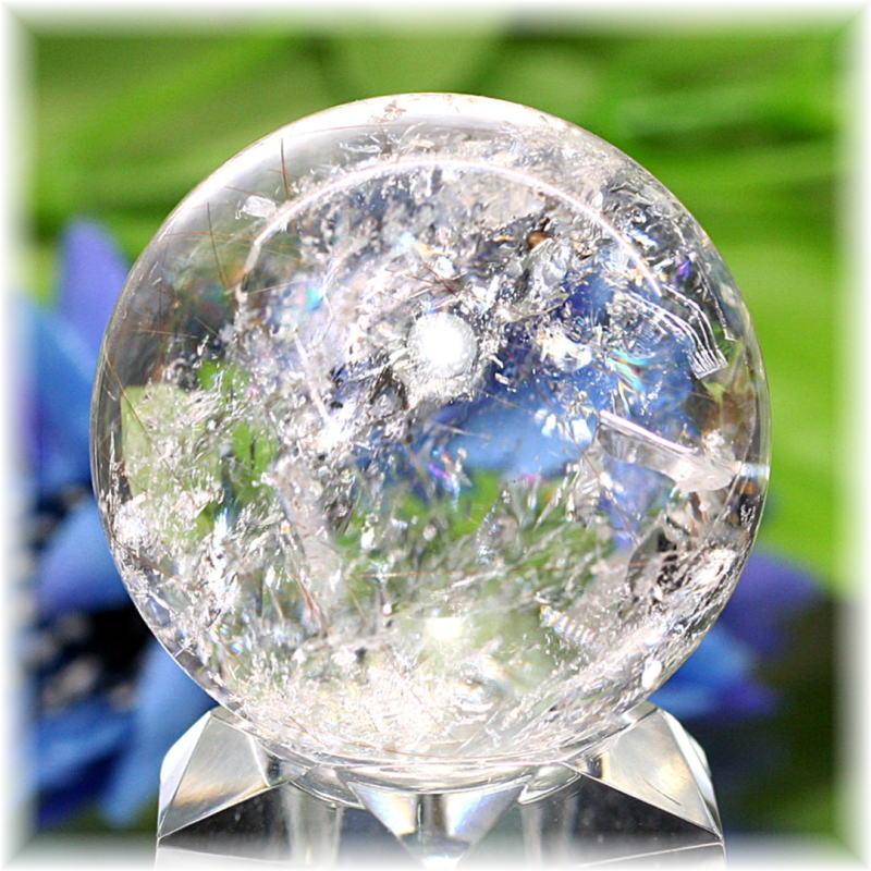 高品質]ルチル入りレインボー水晶丸玉/アイリスクォーツスフィア（37.8
