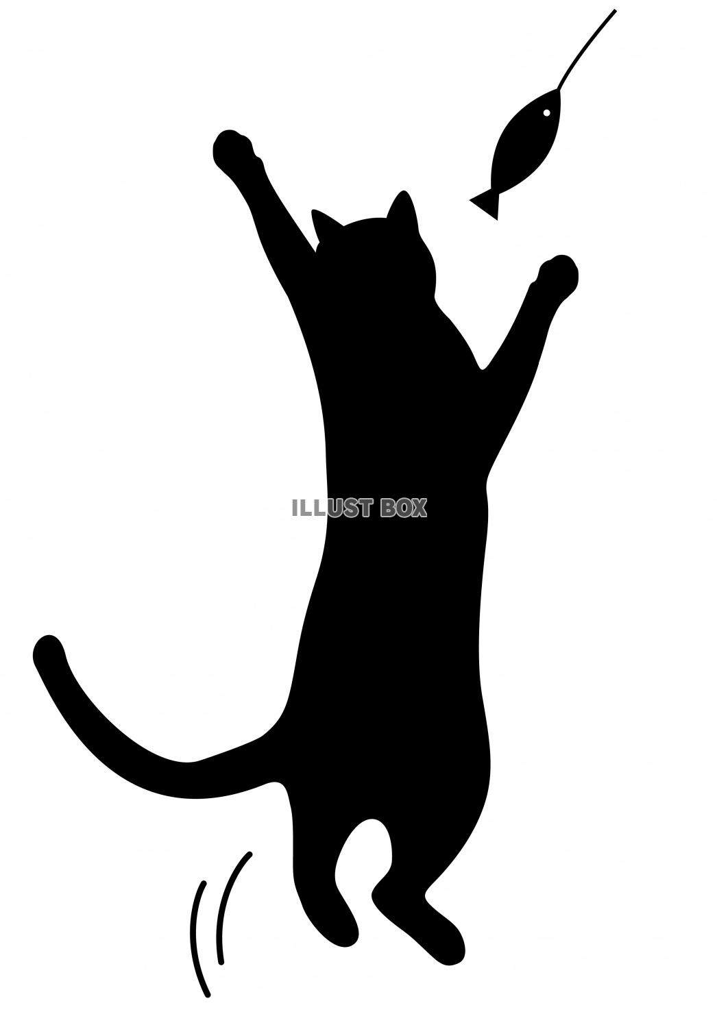 猫☆シルエット☆黒猫☆魚キャッチ：イラスト無料