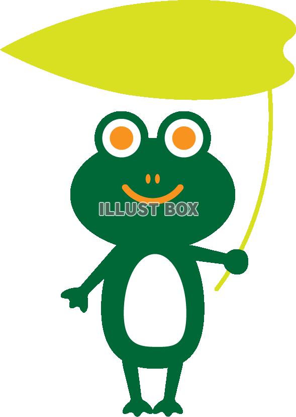 葉っぱの傘をさしているカエル 濃い緑：イラスト無料