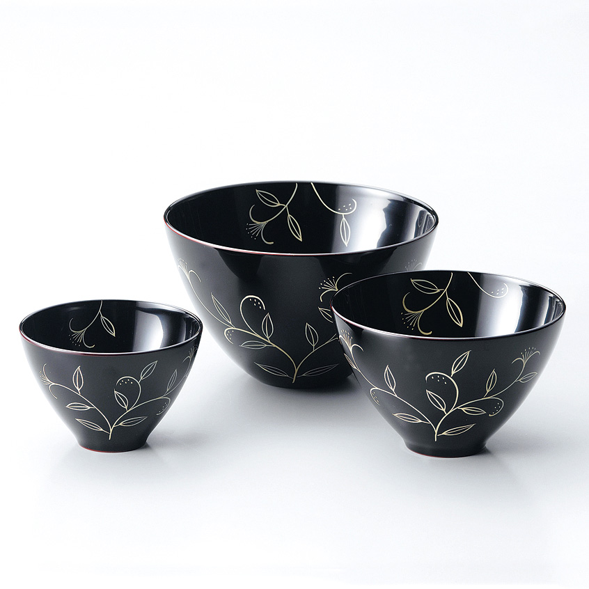 三つ組椀 花 溜 3客セット 漆塗り 11-05104【製造中止】 漆器の井助
