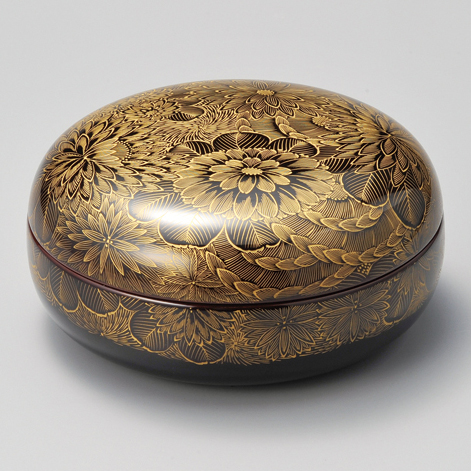 菓子器 菊彫 溜 木製 漆塗り 12-07701 漆器の井助