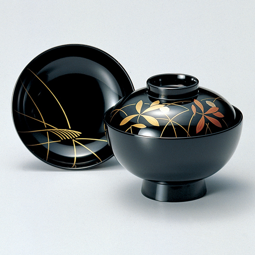 吸物椀 蘭にススキ 黒 5客セット 漆塗り【製造中止】 漆器の井助