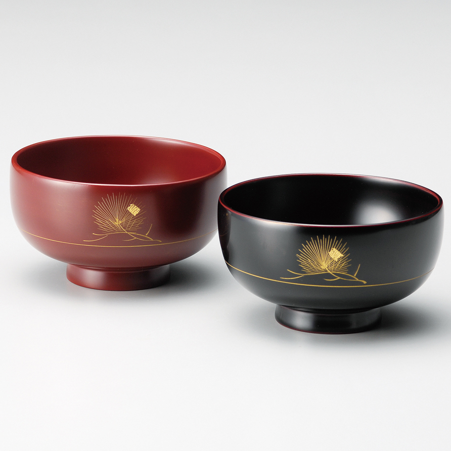 夫婦椀 一会松 消溜・古代朱 2客セット 木製 漆塗り 12-03603 漆器の井助