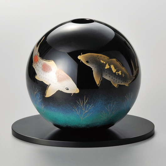 丸型花器（花台付） 鯉 黒 漆塗り 12-13908 漆器の井助