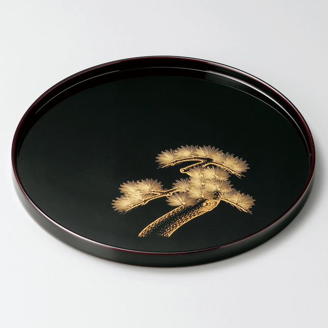 丸盆 10.0 老松沈金 溜 木製 漆塗り 12-10103 漆器の井助