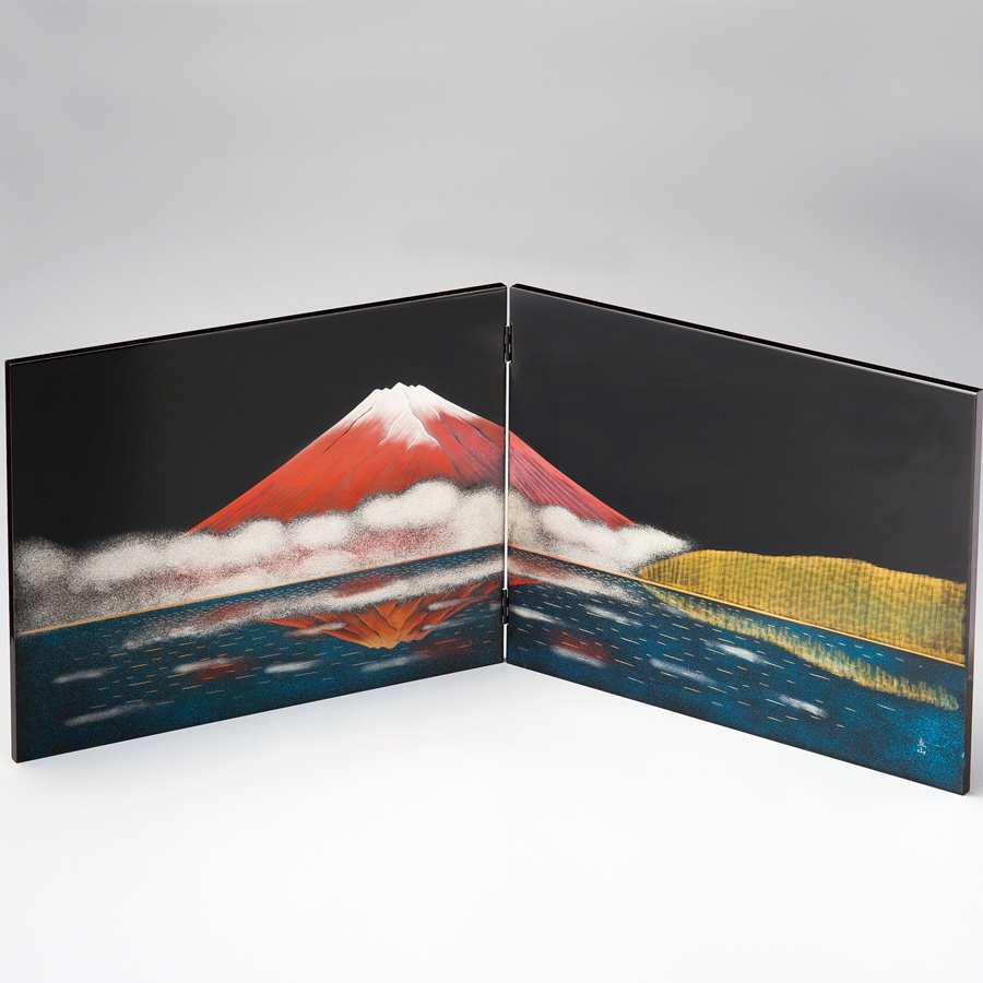 二枚屏風 立山彫富士山 黒 漆塗り・木製 12-13402 漆器の井助