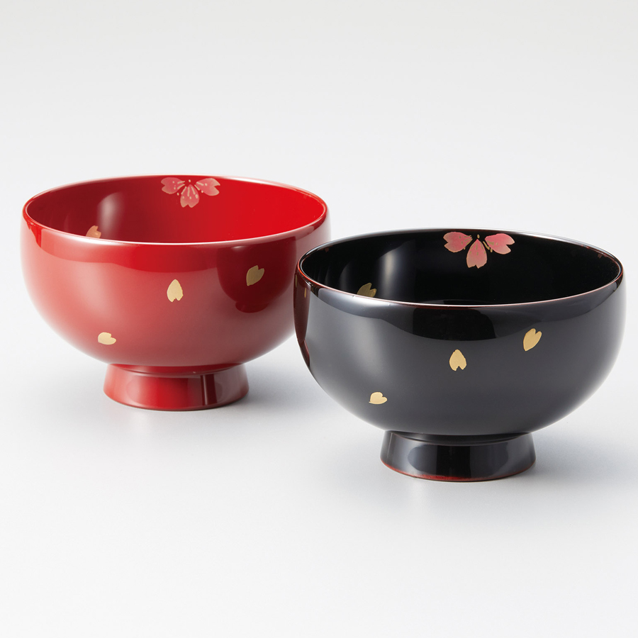 夫婦椀 桜 まり型汁椀 黒内朱・朱 2客セット 漆塗り 12-04401 漆器の井助