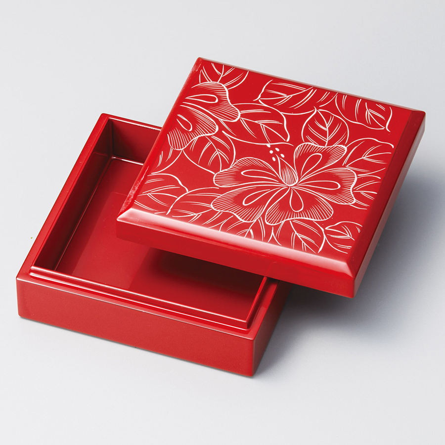 小箱 ハイビスカス 朱 木製 漆塗り 12-12408 漆器の井助