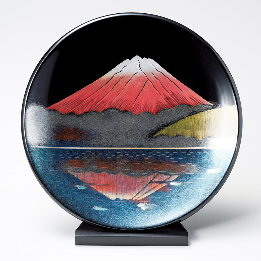 飾り皿 写し赤富士 スタンド付 漆塗り・木製 漆器の井助