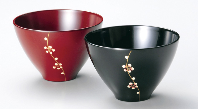 夫婦汁椀 梅 黒・古代朱 漆塗り ペアのお椀・味噌汁椀 KSE-8 12-04405