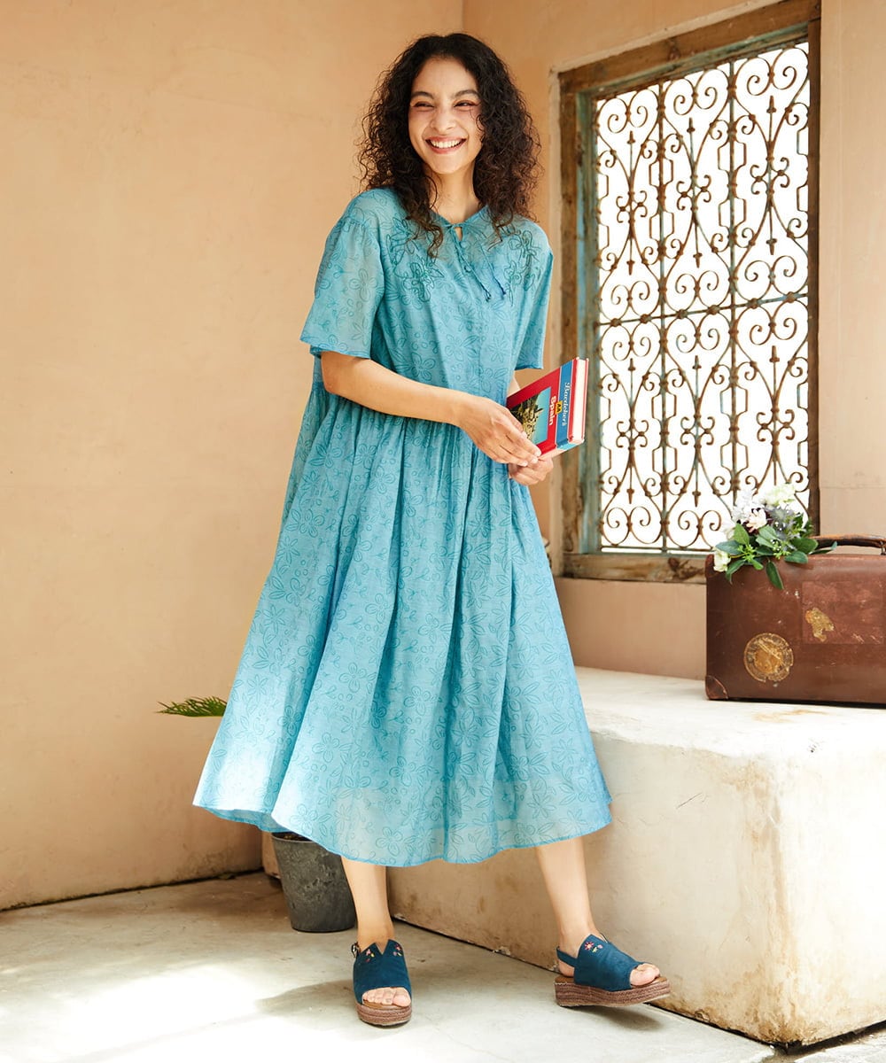 Azahar コード刺繍入りコットンシルクワンピース(ワンピース