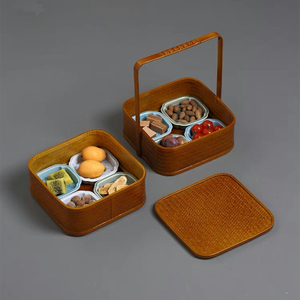 自然素材にこだわったかご 竹 かご ハンドル付き 二段 重箱 四角 漆