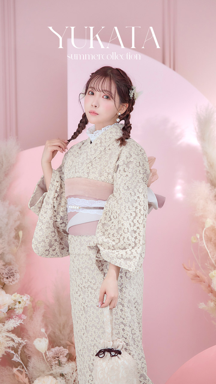 即日発送】くすみピンク地x小花レース浴衣 【浴衣3点セット 浴衣/帯