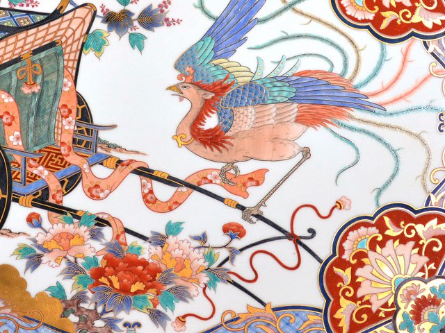 献上手古伊万里焼】陶額 染錦本金御所車鳳凰図