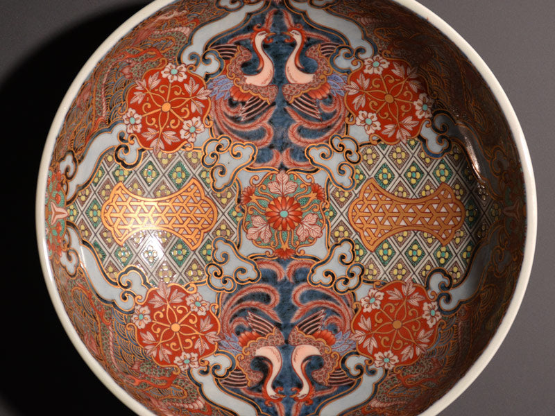 献上手古伊万里焼】飾大絵皿 染錦本金龍鳳凰吉祥地紋