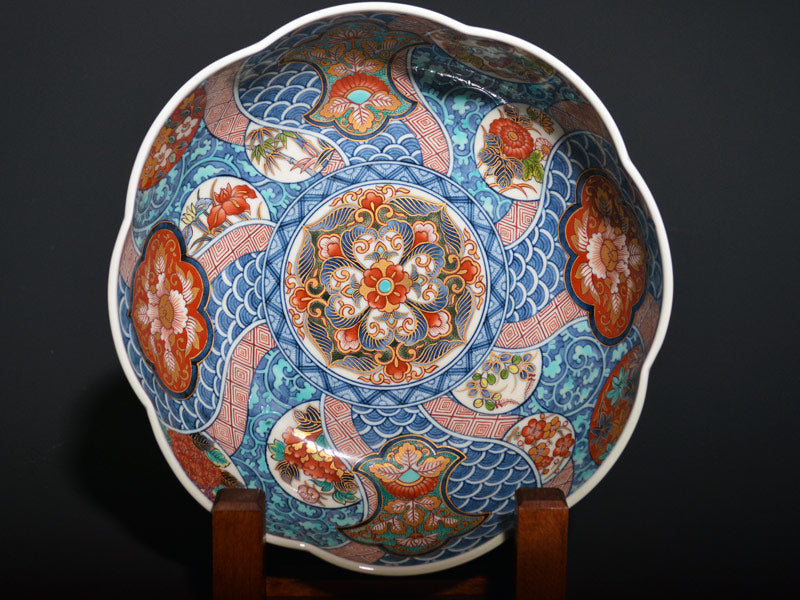 大聖寺伊万里金襴金唐草に青海波の図描分八角6寸皿2枚079AS-CQe