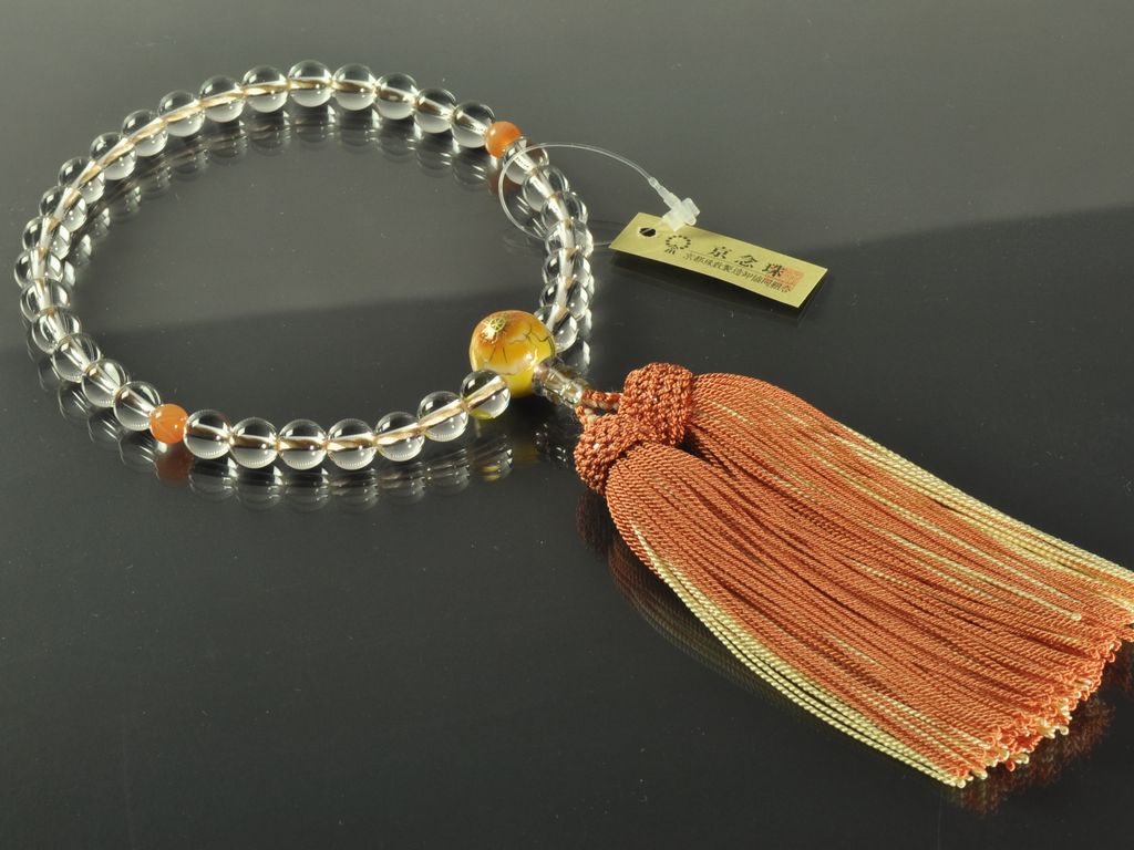 水晶（8mm）二天オレンジ瑪瑙 親玉清水焼（ポピー柄） 正絹頭付き房