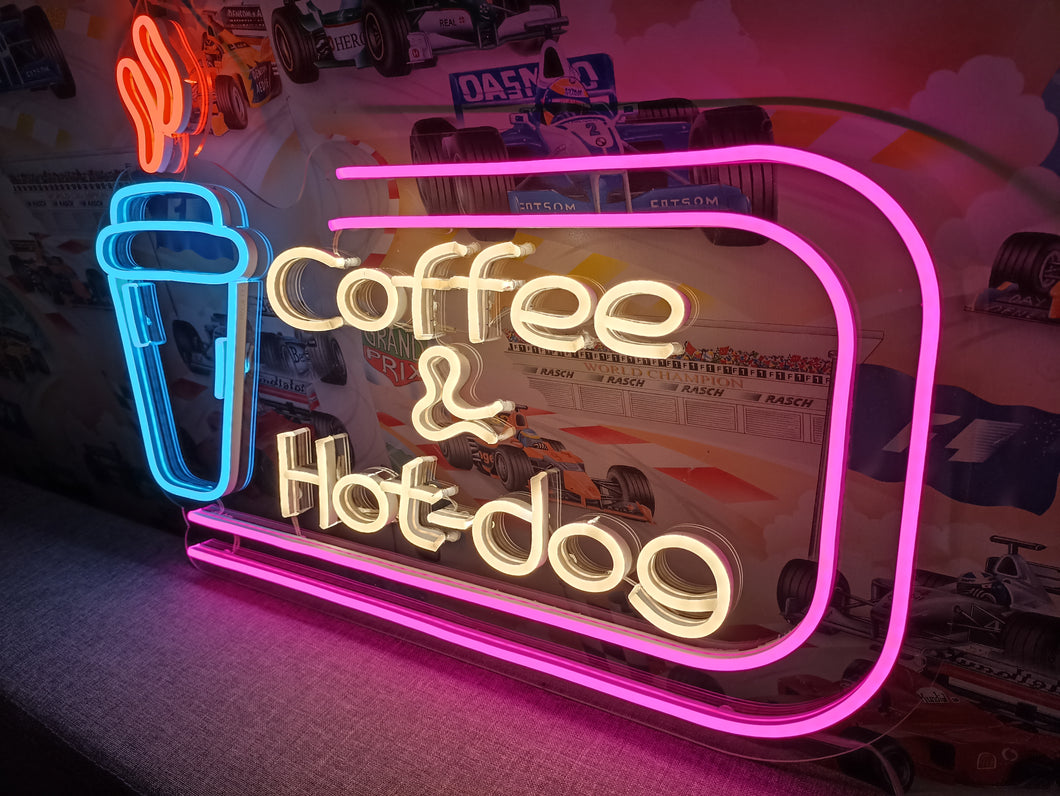 Neon sign coffee cup with inscription coffee and hot-dog, fast