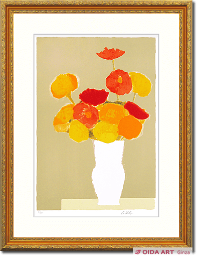 カトラン 白い花瓶の百日草とインドバラ | 絵画など美術品の販売と買取