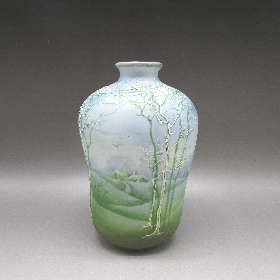 オールドノリタケ ブルーガレ盛上木々湖畔風景文花瓶 - 敬誠アート