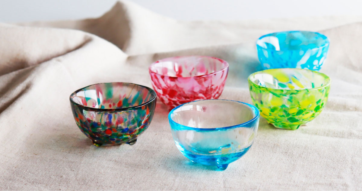 津軽びいどろ】盃コレクション ワングリ三つ足 木の芽 朝の露 春の宵